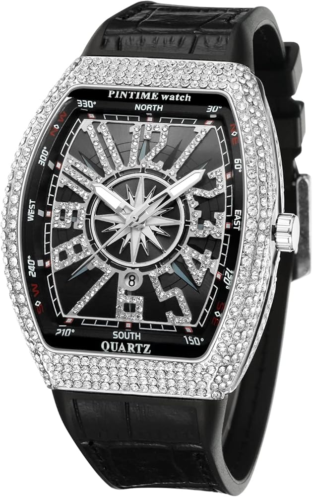 Gosasa Men's Fashion Cool Unique Tonneau Watch Bling Crystal Rhinestone Quartz Wristwatches with Rubber Strap