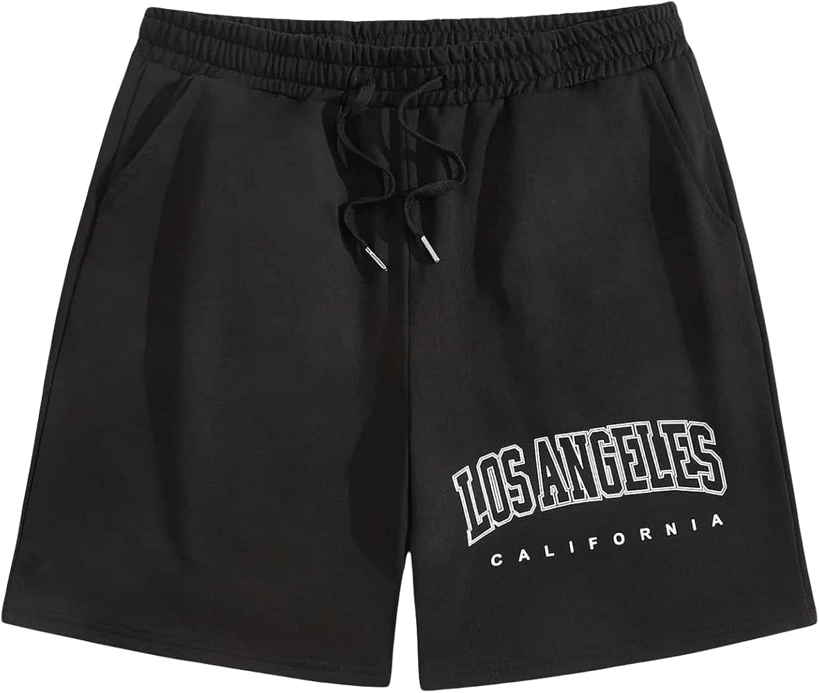 WDIRARA Men's Letter Graphic Print Drawstring Waist Active Track Shorts Black Los Angeles L