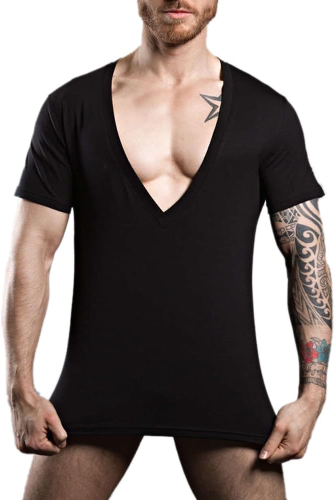 Men's Modal Soft & Stylish Deep V-Neck Short Sleeve Tee Shirt with Low cut & Slim Fit & Stretch