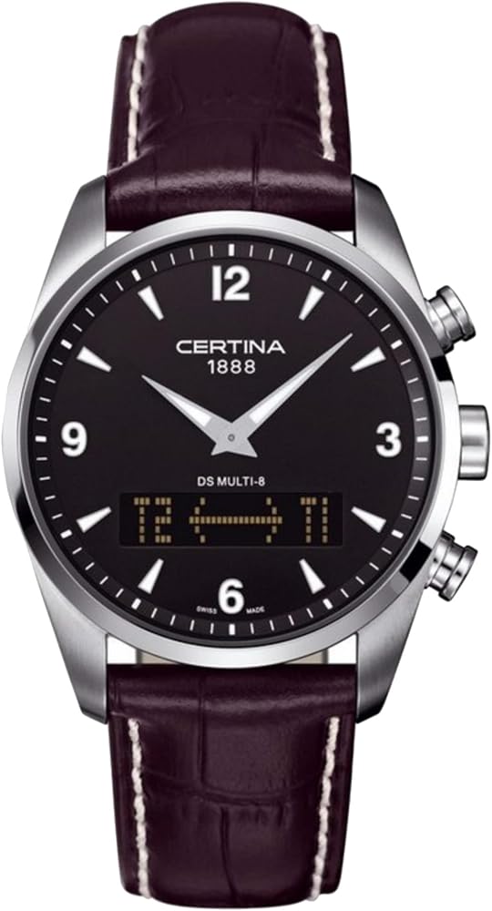 Certina Men's DS Multi-8 Dark Brown White Stitching Strap with Black Dial Leather Watch - Dark Brown/Black