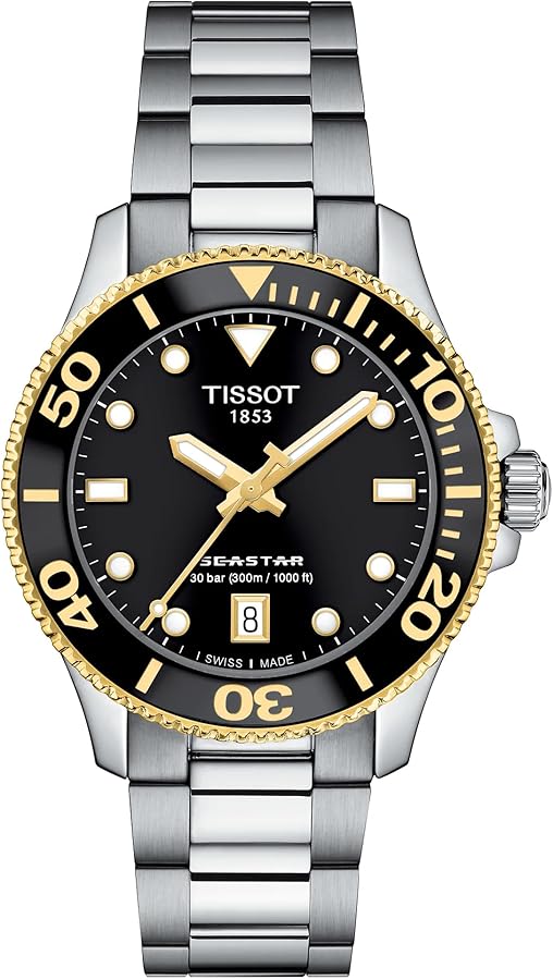 Tissot Unisex Seastar 1000 36mm 316L Stainless Steel case with Yellow Gold PVD Coating Quartz Watch, Grey, Stainless Steel, 18 (T1202102105100)