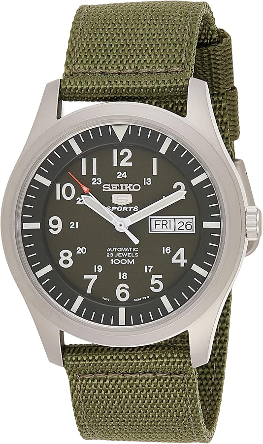 Seiko SNZG09K1 Men's Automatic Analogue Watch with Fabric Strap, Green/Green, 42 mm, Strap