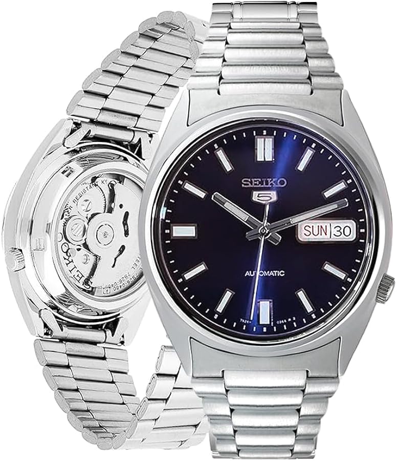 SEIKO SNXS77 Automatic Watch for Men 5-7S Collection - Striking Blue Dial with Luminous Hands, Day/Date Calendar, Stainless Steel Case & Bracelet