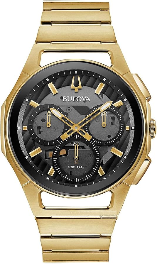 Bulova Men's CURV High Performance Quartz Stainless Steel Watch, 5-Hand Chronograph, Sapphire Crystal, Luminous Hands, Gold-Tone/Black Dial