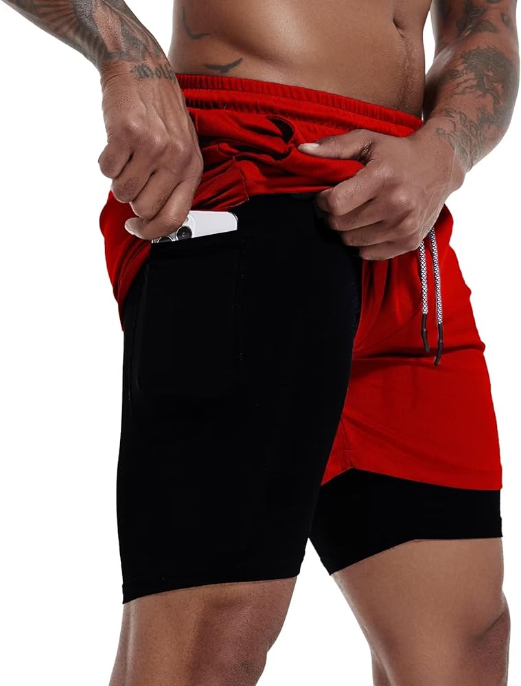 GYMELITE Men's 2 in 1 Workout Running Shorts 7" Gym Yoga Active Sports Shorts Lightweight Training with Phone Pockets