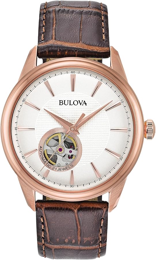 Bulova Men's Classic Automatic Watch with Leather Strap, Open Aperture Dial, Hack Feature, 41mm