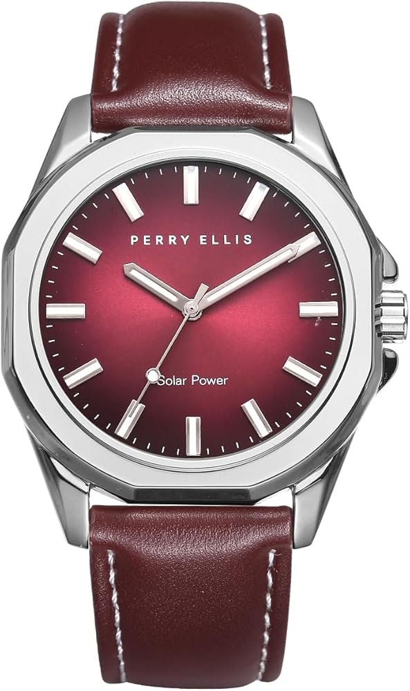 Perry Ellis Solar Powered Mens Watch | Vegan Leather Water-Resistant Analog Wrist Watches for Men | 42mm Case | Relojes para Hombres | Elegant Gift for Man