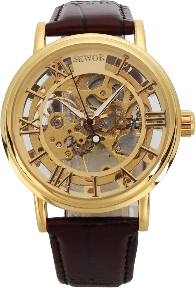 SEWOR Men's Mechanical Skeleton Transparent Vintage Style Leather Wrist Watch (Gold)