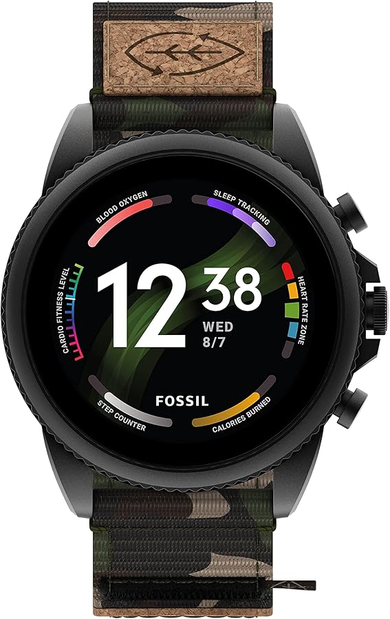 Fossil Men's Gen 6 44mm Stainless Steel and Cork Touchscreen Smart Watch, Stainless steel, Color: Black, Camo (Model: FTW4063V)