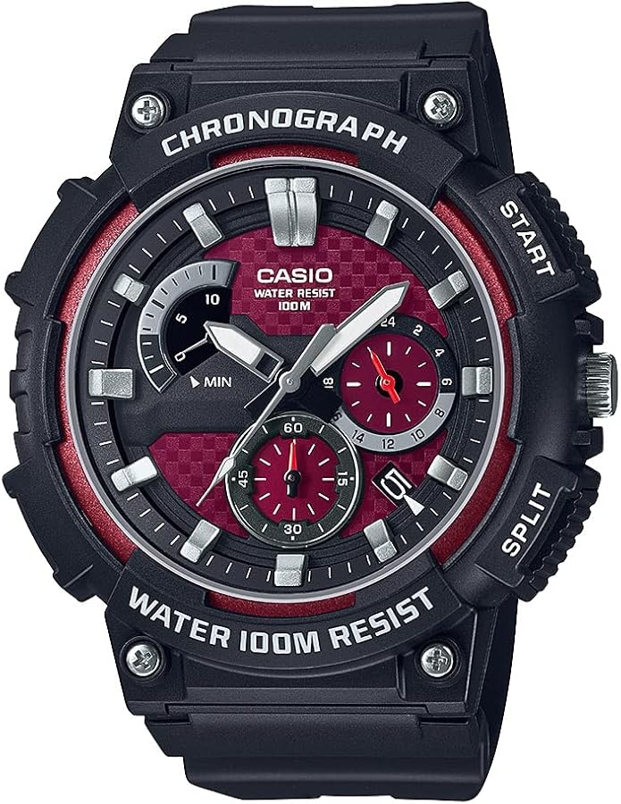 Casio MCW200H Series | Men’s Analog Watch | Black/Red |100M WR | Retrograde Chronograph | 1 Second Stopwatch | Date Display | Multi Dial | Resin Glass | Resin Case | Resin Band | 3 Year Battery