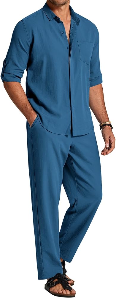 COOFANDY Men's 2 Piece Linen Sets Casual Button Down Shirts Pants Casual Beach Summer Yoga Outfits