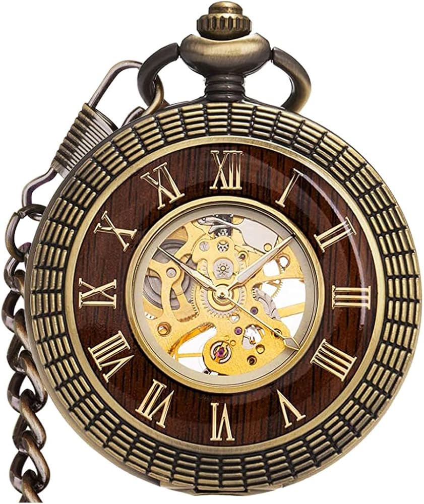 VIGOROSO Men's Hand-Wind Mechanical Pocket Watch Vintage Steampunk Wood Grain Hollow Design with Chain and Box