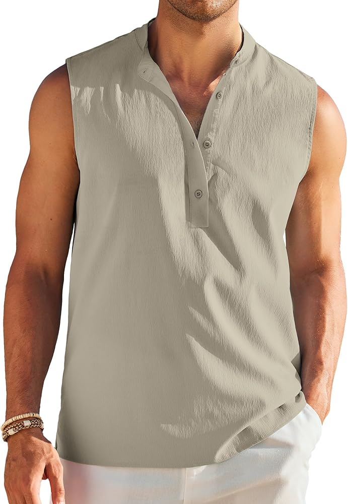 COOFANDY Men Hippie Tank Top Sleeveless beach Band Collar Henley Shirt Light Grey