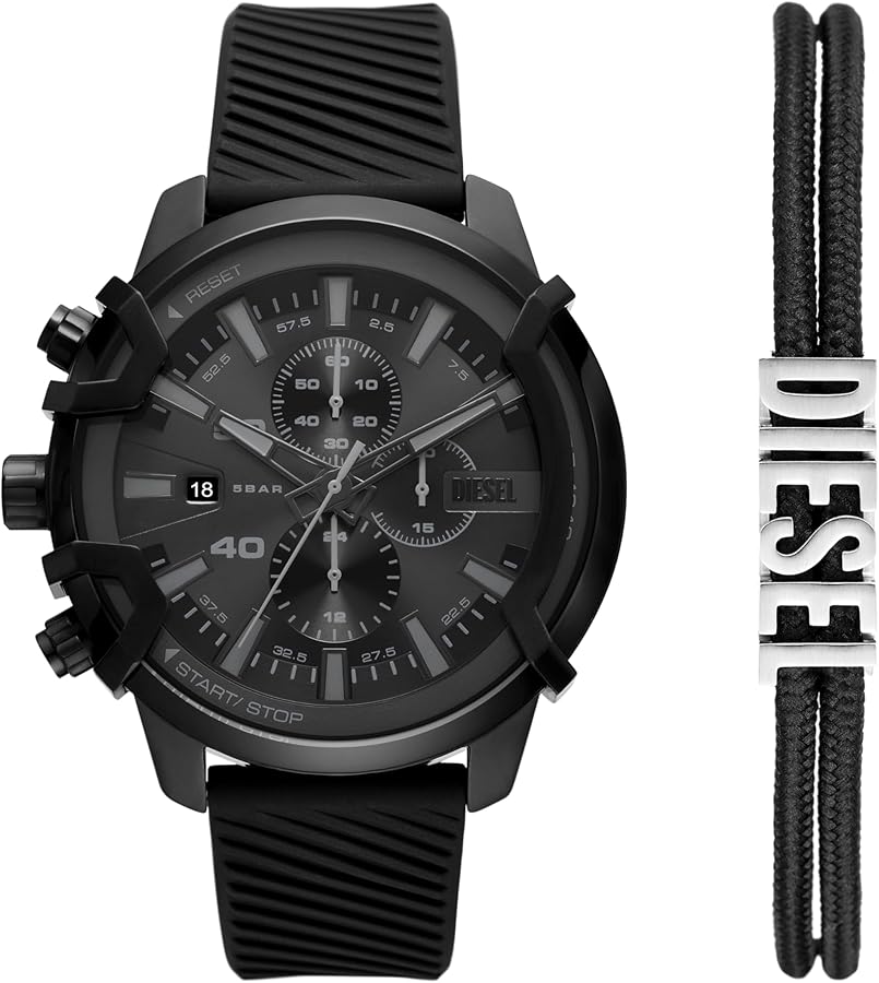 Diesel Griffed Stainless Steel and Silicone Chronograph Men's Watch and Bracelet Gift Set, Color: Black (Model: DZ4650SET)