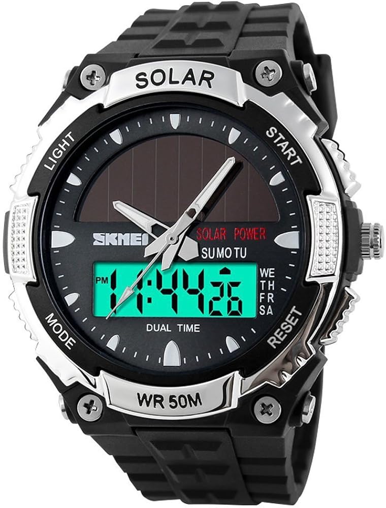 MASTOP Solar Energy Watch led Luminous Indication 2 Time Zone 50m Waterproof Watch(Silver)