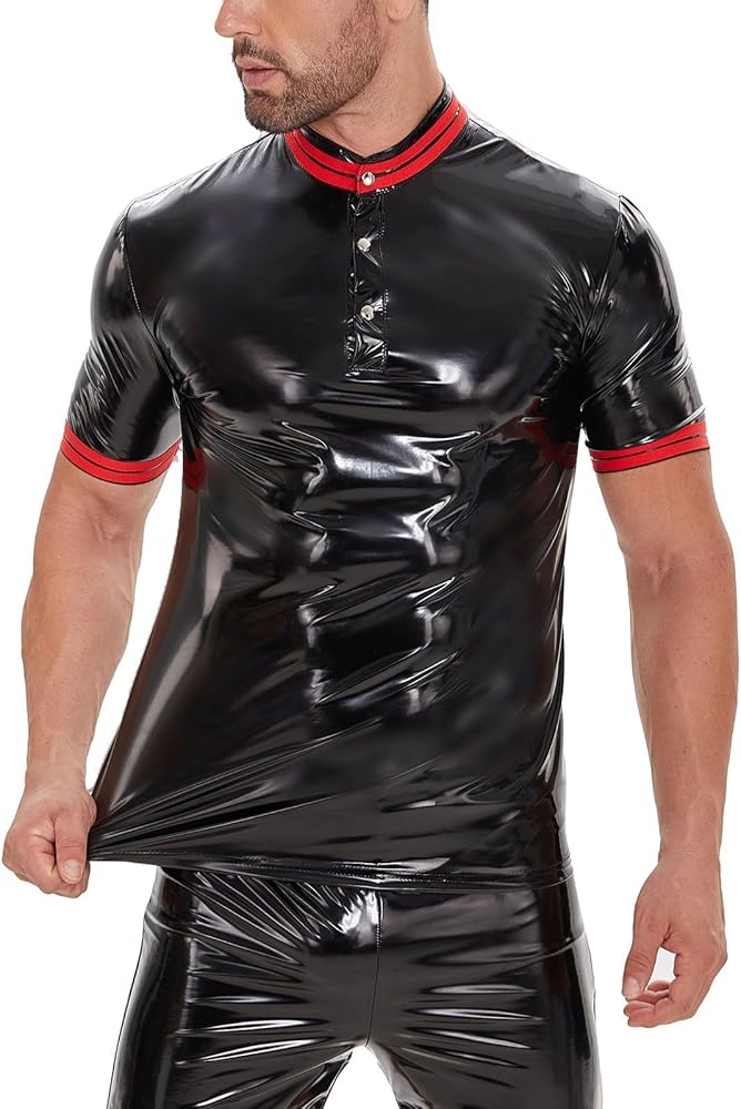 Men Shiny Leather T-Shirt, Glossy PVC Leather, Short Sleeve, Male Wetlook Latex Casual Tops