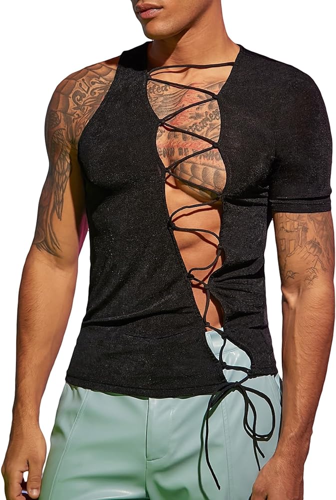 Men's Lace Up Tops Asymmetrical Slim Fit Tee Shirts Disco Sequin Tops Club Party Night