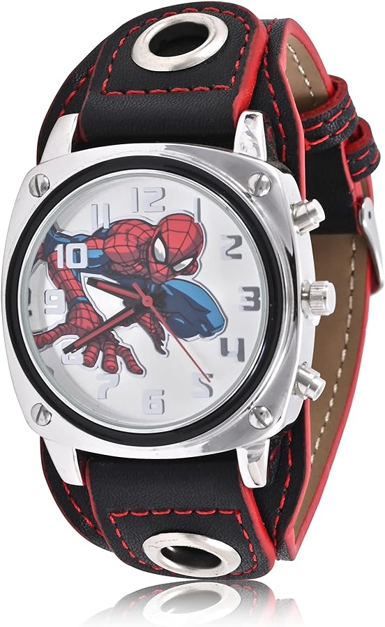 Accutime Marvel Spiderman Adult Men's Analog Watch - Faux Leather Strap, Glass Dial Face, Mattle Case, Male, Analog Wrist Watch in Black (Model: SPMAQ16031AZ)