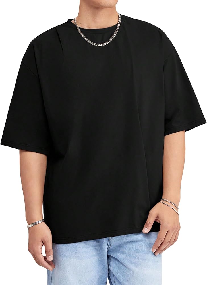 Verdusa Men's Drop Shoulder Round Neck Half Sleeve T Shirt Basic Solid Loose Tee Tops