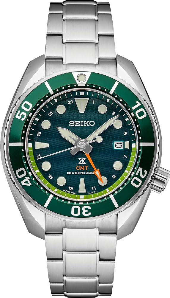 SEIKO SFK003 Solar GMT Dive Watch for Men - Prospex Collection - Green Sunray Dial, LumiBrite Display, Orange GMT Hand - 200M Water Resistant