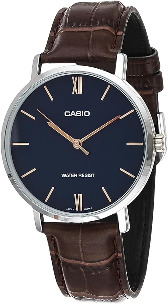 Casio MTP-VT01L-2B Men's Minimalistic Blue Dial Brown Leather Band Analog Watch