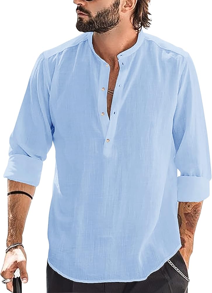 Hestenve Mens Linen Henley Shirt Casual Long Sleeve T-Shirt Summer Beach Plain Tee Tops