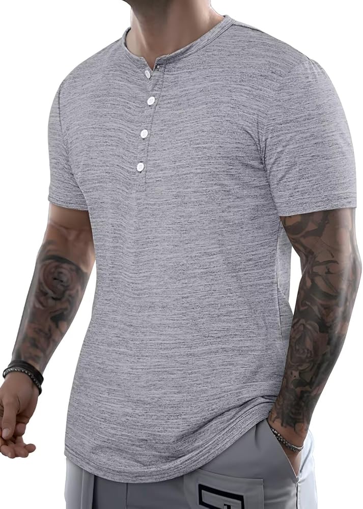 Mens Muscle Henley Shirts Short Sleeve Summer Casual Front Placket Cotton T-Shirts