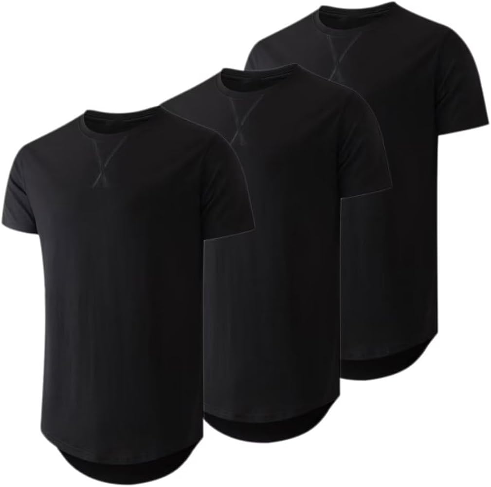 Mens 3 Pack Crewneck T-Shirt Cotton Hipster Hip Hop Longline Classic Top