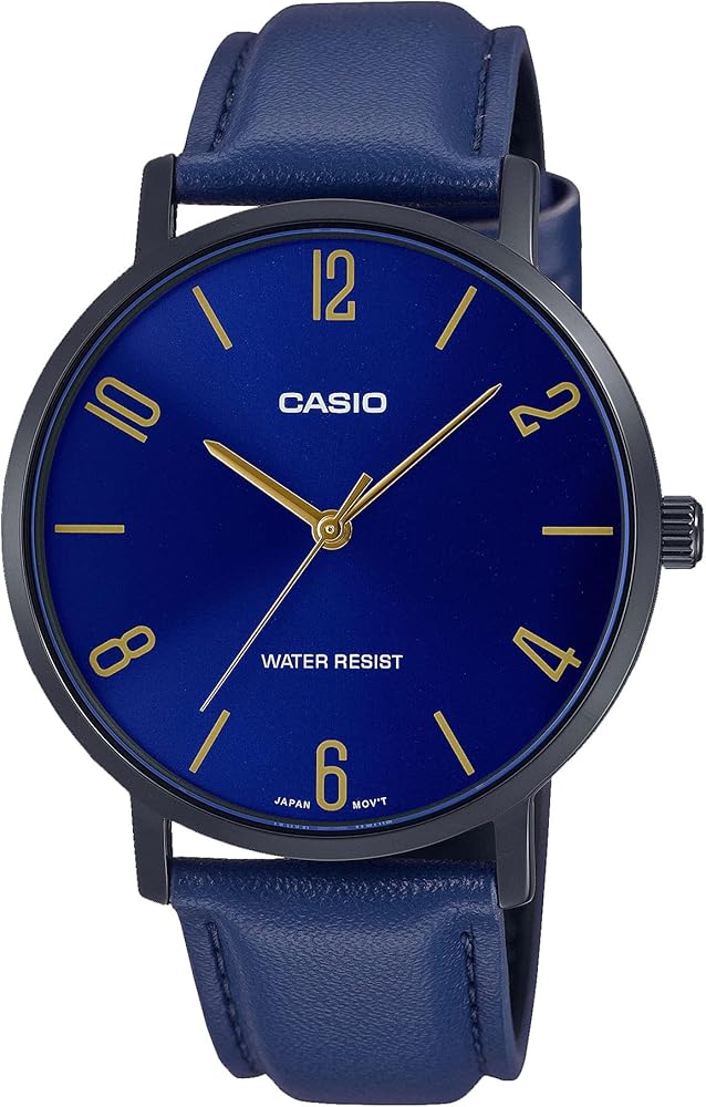 Casio MTP-VT01BL-2B Men's Minimalistic Black IP Leather Band Blue Dial 3-Hand Analog Watch