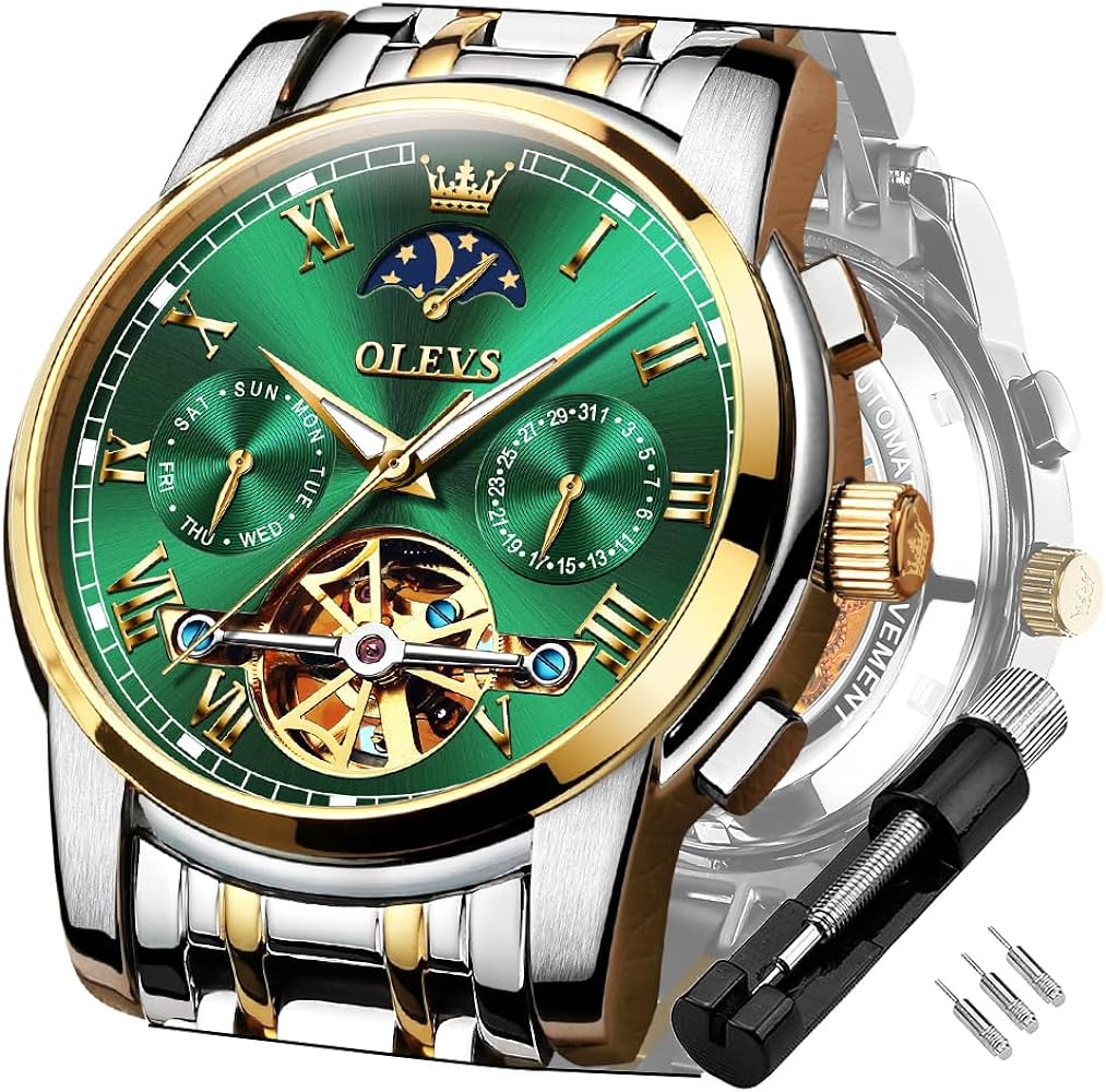 OLEVS Mens Watch Automatic Mechanical Tourbillon Self Winding Luxury Stainless Steel Waterproof Luminous Date Wrist Watch