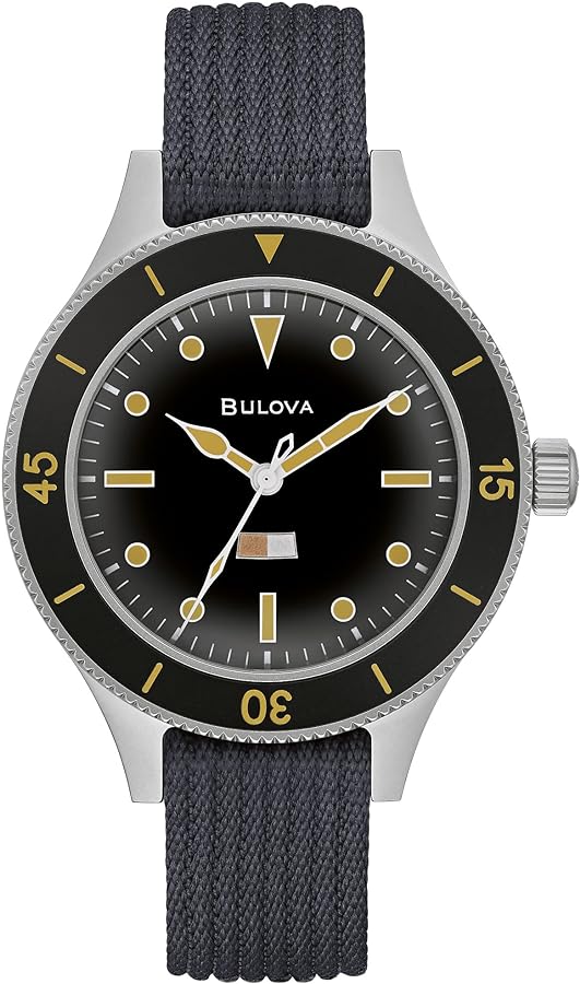 Bulova Men's Archive Series MIL-SHIPS-W-2181 Stainless Steel 3-Hand Hack Automatic Watch, Grey Nylon Strap and Black Matte Dial Style: 98A266