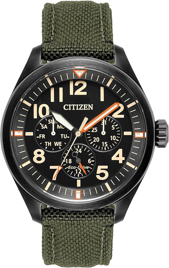 Citizen Men's Eco-Drive Weekender Garrison Field Watch, in Stainless Steel with Olive Green Nylon Strap, Black Dial (Model: BU2055-16E)