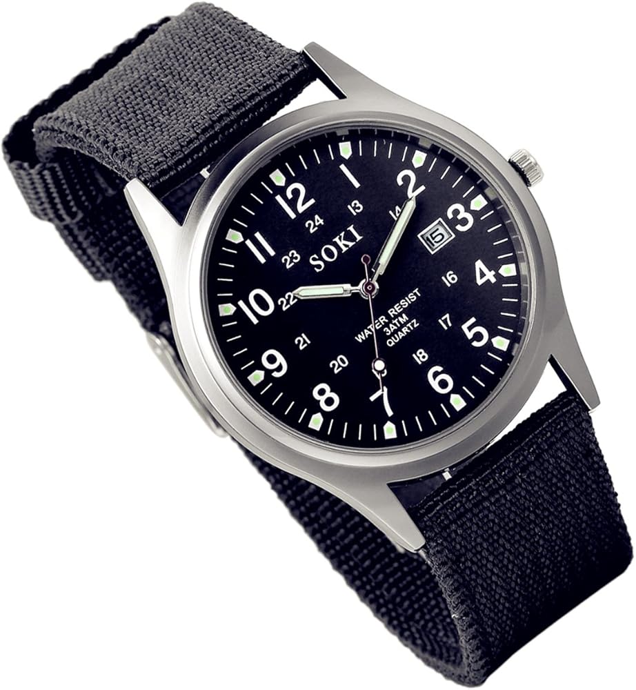 Lancardo Simplicity Analog Quartz Watch with Woven Nylon Band Luminous Hand Military Time 24H (Black) for Father's Day