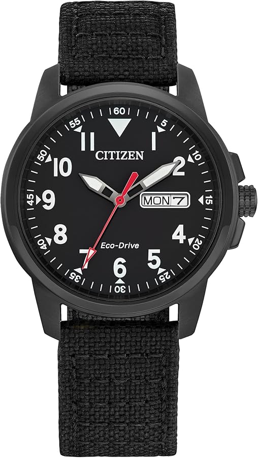 Citizen Men's Eco-Drive Weekender Garrison Field Watch in Black IP Stainless Steel with Black Nylon strap, Black Dial (Model: BM8186-15E)