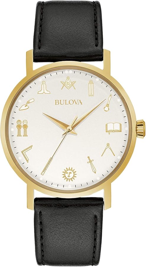 Bulova Men's Masonic Gold Tone with Black Leather Strap 3-Hand Quartz Watch Style: 97A149