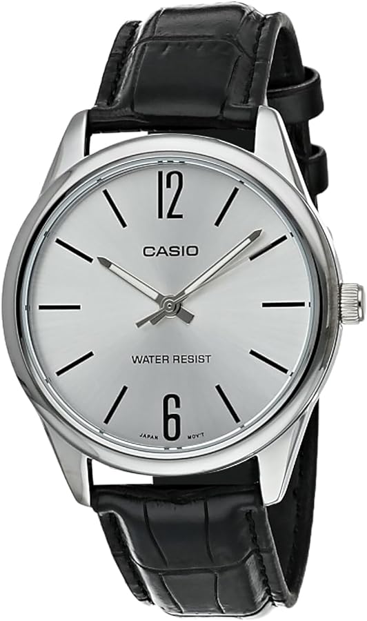 Casio #MTP-V005L-7B Men's Standard Analog Black Leather Band Silver Dial Watch