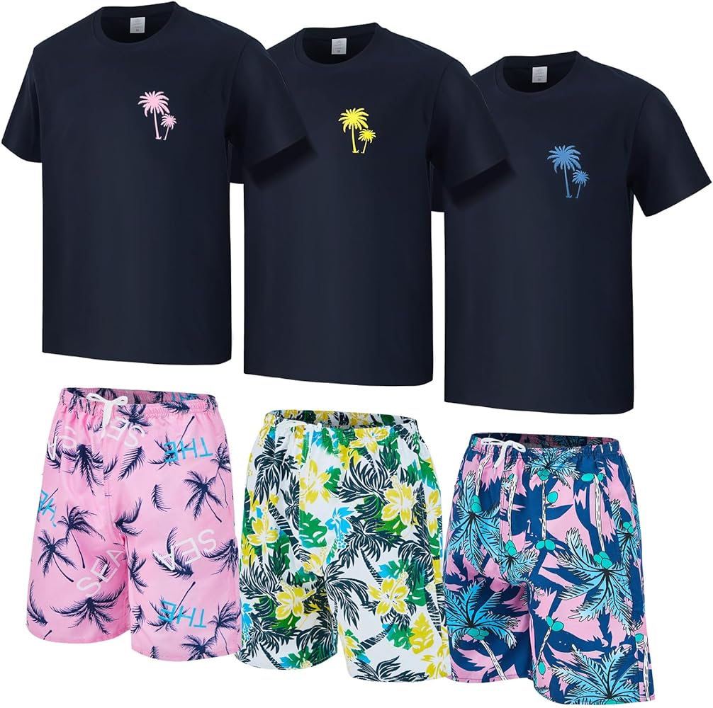 6 Pcs Men's Short Sleeve Set Men's Hawaiian Shorts Set Coconut Tree Graphic Shirts and Shorts Mens Vacation Outfit