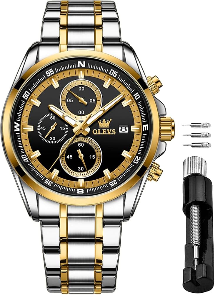 OLEVS Watches for Men Gold Business Dress Quartz Multifunction Chronograph Stainless Steel Big Face Calendar Waterproof Luminous Mens Wrist Watches