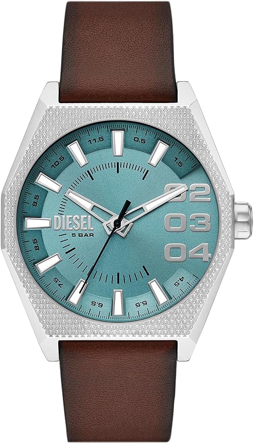 Diesel Scraper Stainless Steel and Leather Three-Hand Analog Men's Watch, Color: Silver, Brown (Model: DZ2174)