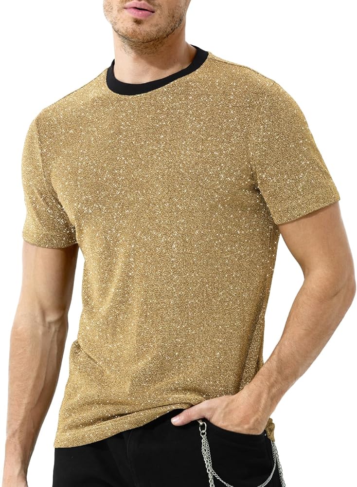 Arjen Kroos Men's Sequin Disco Shirts Short Sleeve Sparkly Rave Hot Tops