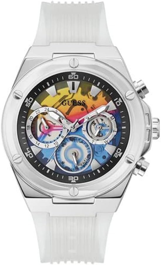 GUESS Mens 46mm Watch - Clear Strap Rainbow Dial Silver Tone Case