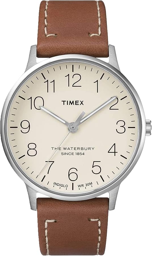 Timex Men's Waterbury Classic 40mm Watch – Silver-Tone & Cream with Brown Genuine Leather Strap