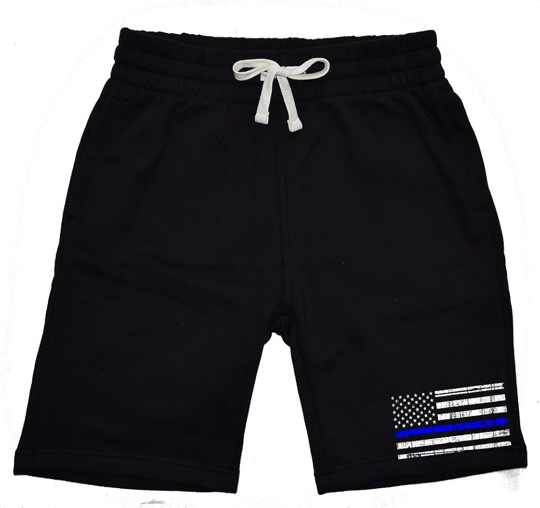 Men's Thin Blue Line Police Flag Black Fleece Jogger Sweatpant Gym Shorts