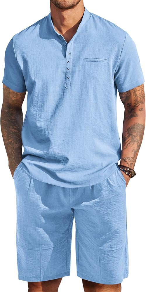 COOFANDY Men's Linen Sets 2 Piece Outfits Short Sleeve Henley Shirts and Shorts Summer Beach Yoga Pants Set