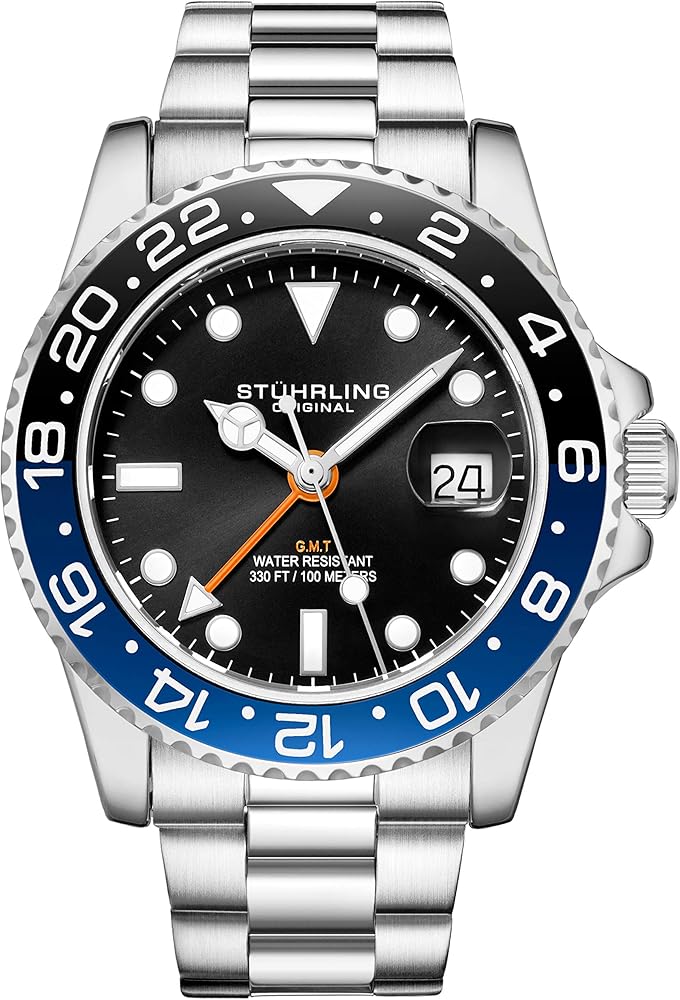 Stuhrling Original Men's Watch Stainless Steel Triple Row Bracelet Dual Time Date with Screw Down Crown