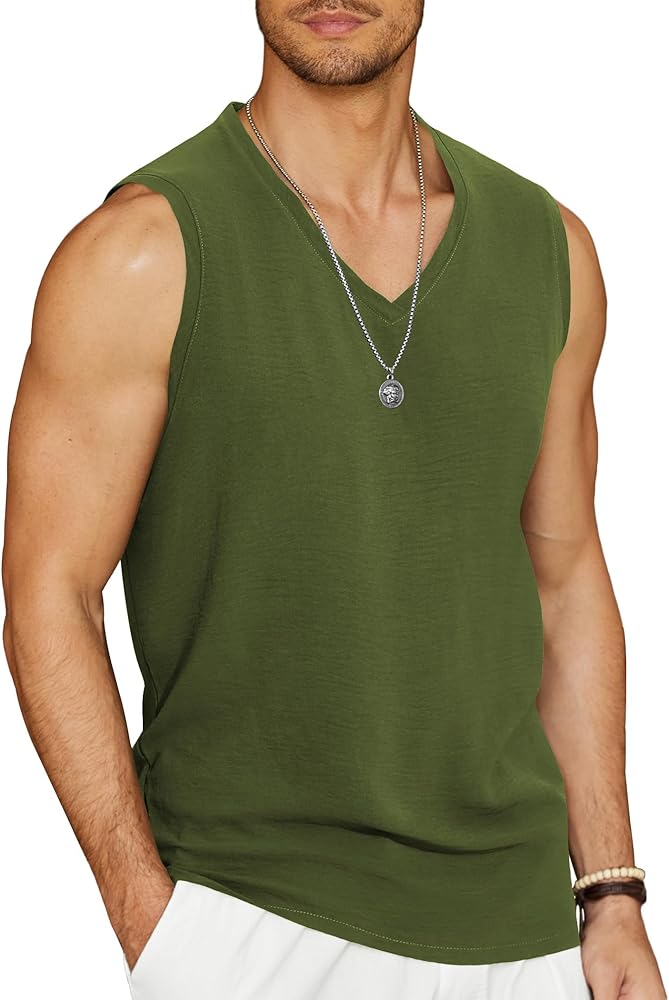 COOFANDY Men Linen Casual Tank Top Sleeveless Beach Summer Shirt Yoga Hippie Top Army Green