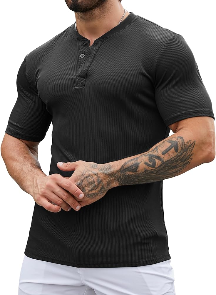 Mens Muscle Slim Henley Shirts Stretch Ribbed Casual Short Sleeve Basic T-Shirt with 3 Buttons