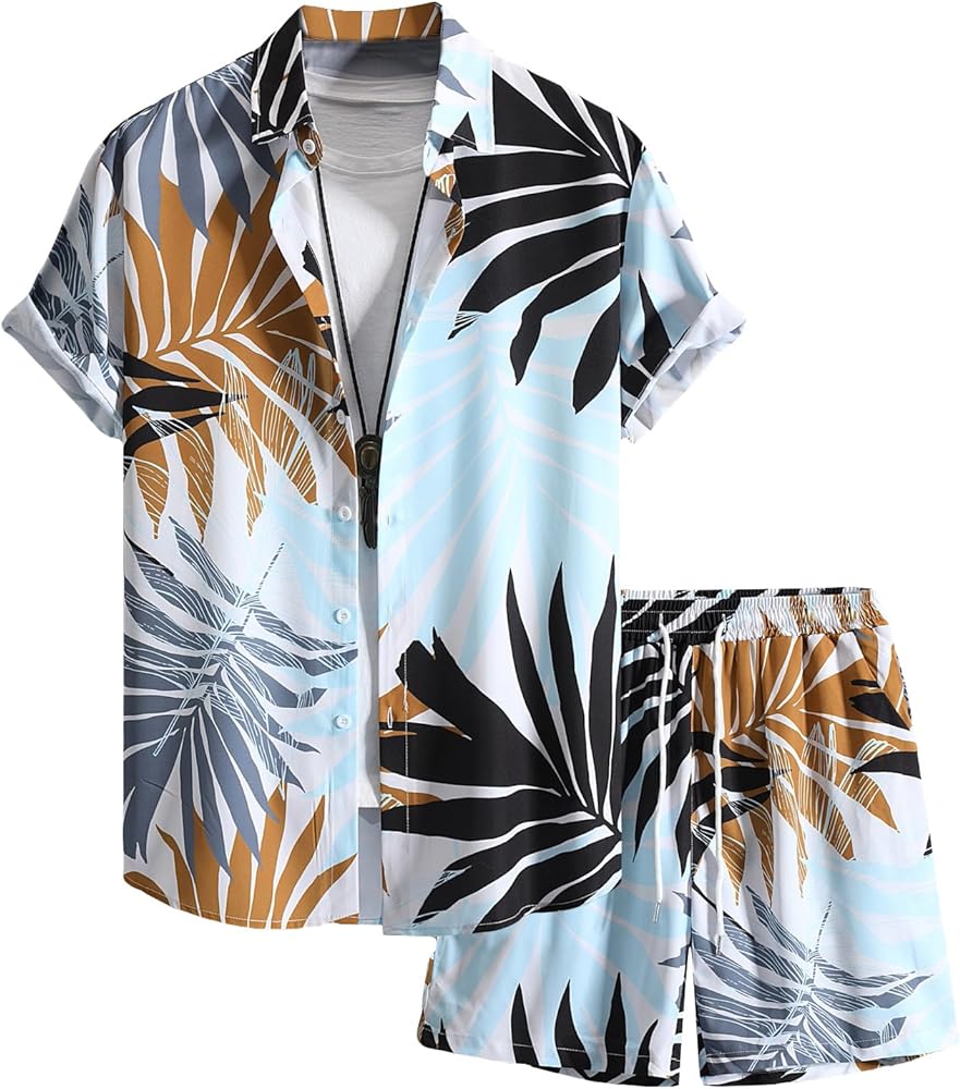 OYOANGLE Men's 2 Pieces Tropical Print Outfit Short Sleeve Button Down Shirt Top and Drawstring Waist Shorts Set