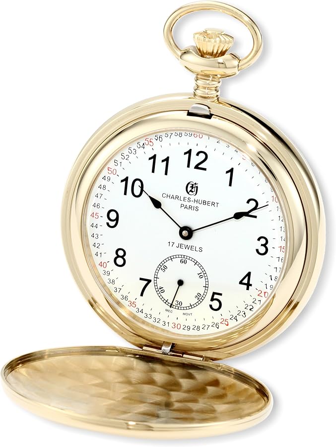 Charles-Hubert, Paris 3907-GRR Premium Collection Gold-Plated Stainless Steel Polished Finish Double Hunter Case Mechanical Pocket Watch