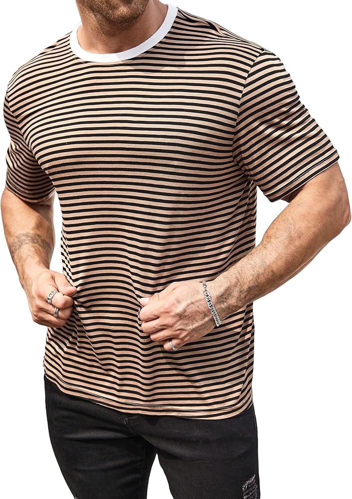 Floerns Men's Striped Print Short Sleeve T Shirts Scoop Neck Tee Shirts